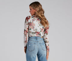 Natural Bloom Mesh Floral Surplice Bodysuit