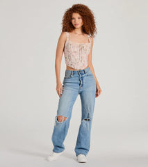 Romantic Look Lace Trim Floral Corset Top