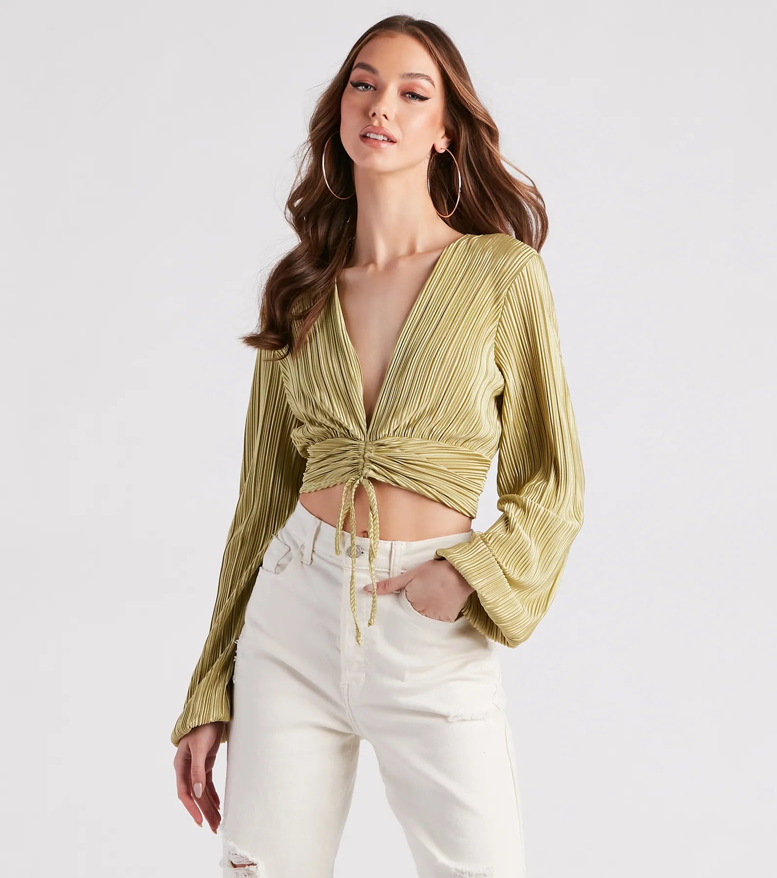 Posh And Pleated Long Sleeve Crop Top