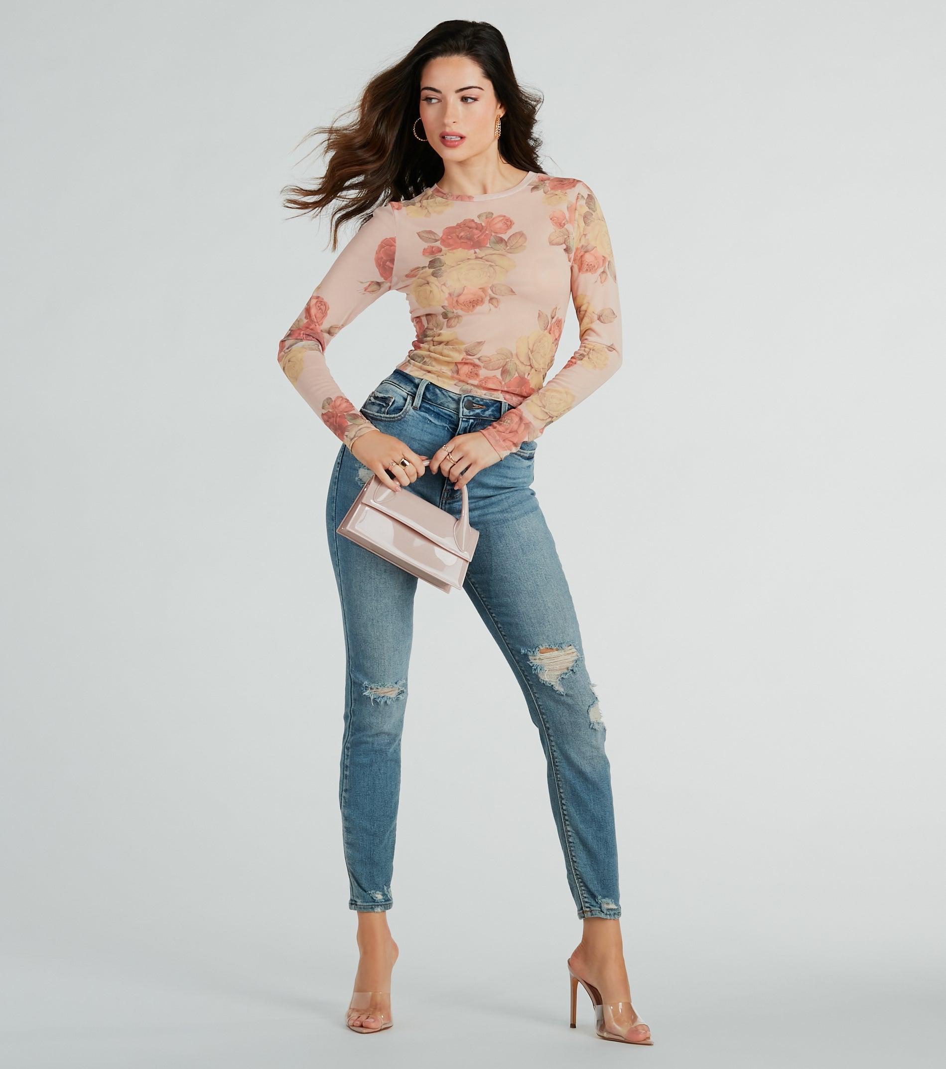 Elevate The Charm Long Sleeve Floral Mesh Crop Top