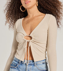 Trendy Casual Long Sleeve Tie-Front Top