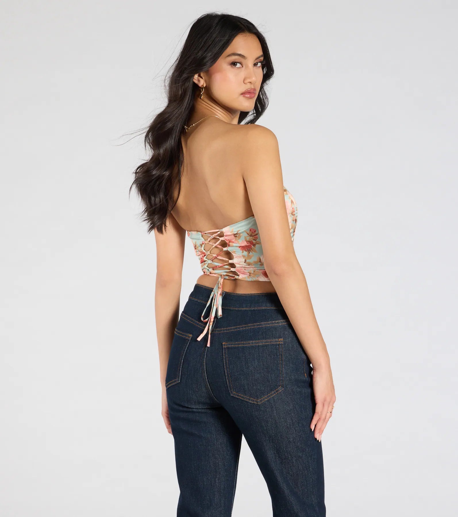 Floral Aesthetic Lace-Up Satin Corset Top